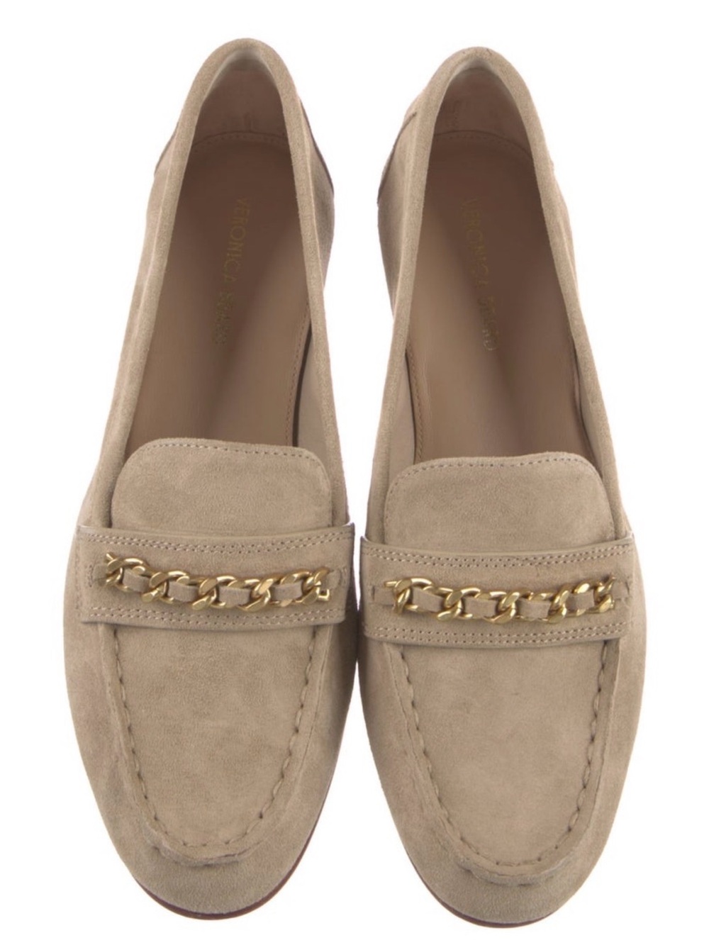 Veronica Beard Beige Suede Loafers with Gold Chain